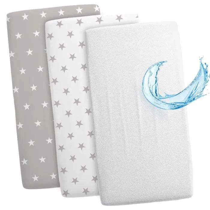 Ensemble drap housse poussette couffin - 2 x housse + protège matelas 120 x 60 cm étoiles blanc gris-0