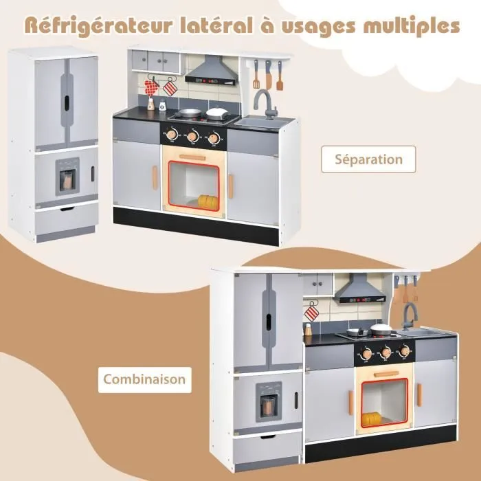 COSWAY Cuisine Enfants 3-10 Ans, 12 Accessoires, Réfrigérateur Amovible, Effect Son et Lumière Gris-1