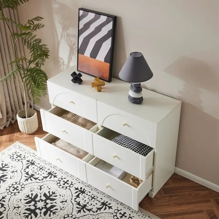 Commode 6 tiroirs - 120x40x82cm - pour salon et chambre à coucher - Style crème Blanc-1
