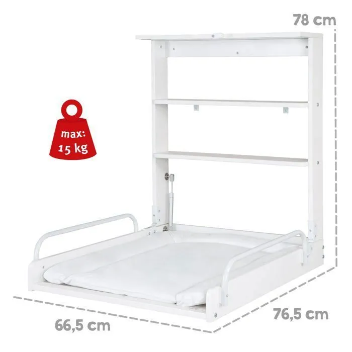 ROBA Table à Langer Murale Pliante avec Étagères et Matelas à Langer Imperméable Résistant - Facile à Installer - Bois Blanc-3