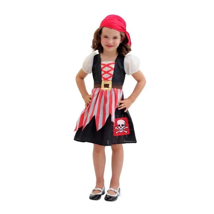 Déguisement Pirate Girl - CESAR - Satin et nylon rayé - Rubans et imprimés - Manches ballons - Bandana inclus-0