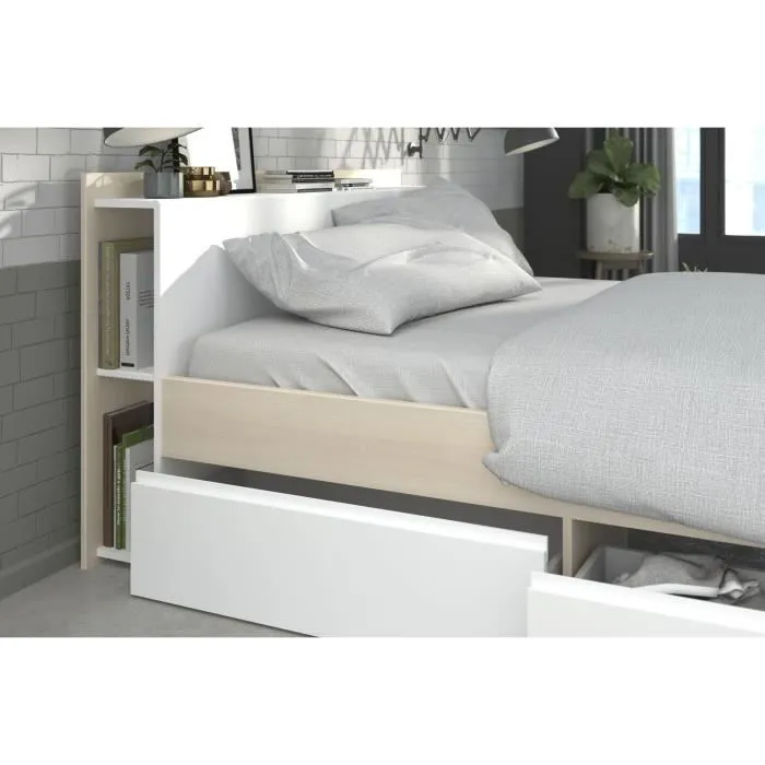 Lit adulte COMBO 160x200 cm - Chêne et blanc- 3 Tiroirs - PARISOT-4