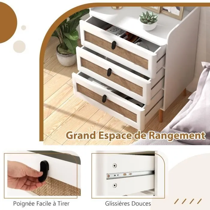 COSTWAY Table de Chevet avec 3 Tiroirs en Rotin, Table d'Appoint Contemporain, pour Chambre, Salon, 60 x 40 x 75 cm cm Blanc-1