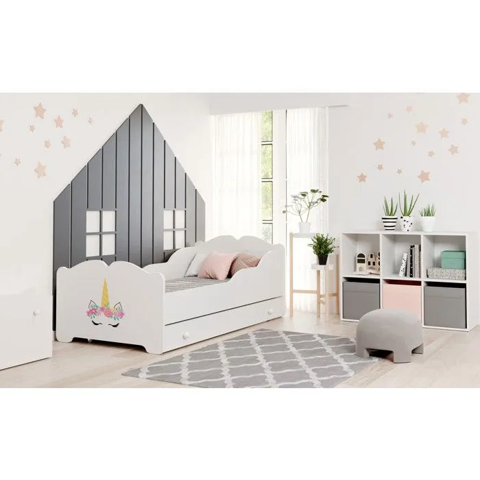 Lit enfant fille ALMENA avec tiroir matelas et cadre inclus - Licorne - 160 cm x 80 cm-1