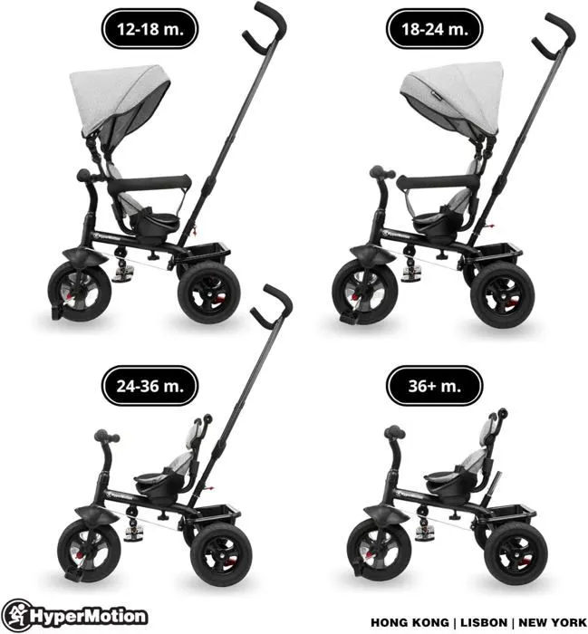 Tricycle Evolutif Enfant Gris- Hypermotion- 1 à 20 kg, Vélo Bébé avec Poignée, Poussoir, Pédales, Siège Réversible, Panier Sac-2