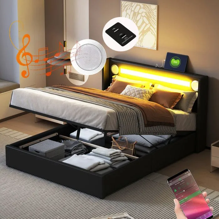 MODERNLUXE Lit coffre rembourré 140x200cm avec LED, lecteur Bluetooth - USB - sommier à lattes - en similicuir - Noir-0