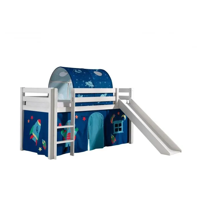 Lit mezzanine avec toboggan et rideau - Vipack PINO - Bois massif - Blanc - Enfant - 209x217x114cm-0