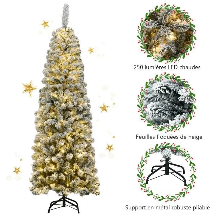 Sapin de Noël LED Artificiel 180CM COSTWAY-250 Lumières Blanc Chaud-Aiguilles PVC Floqué de Neige-Support Métallique-à Charnières-1