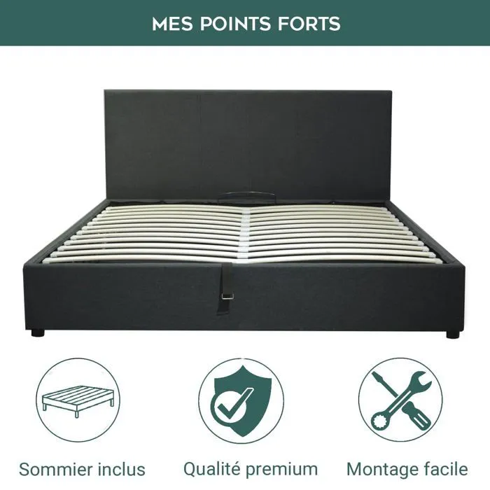 Lit Coffre Prestige 160 x 200 by Sampur | Tissu Gris foncé | Sommier à Lattes en Bois + Tête de Lit inclus - Design Moderne-1