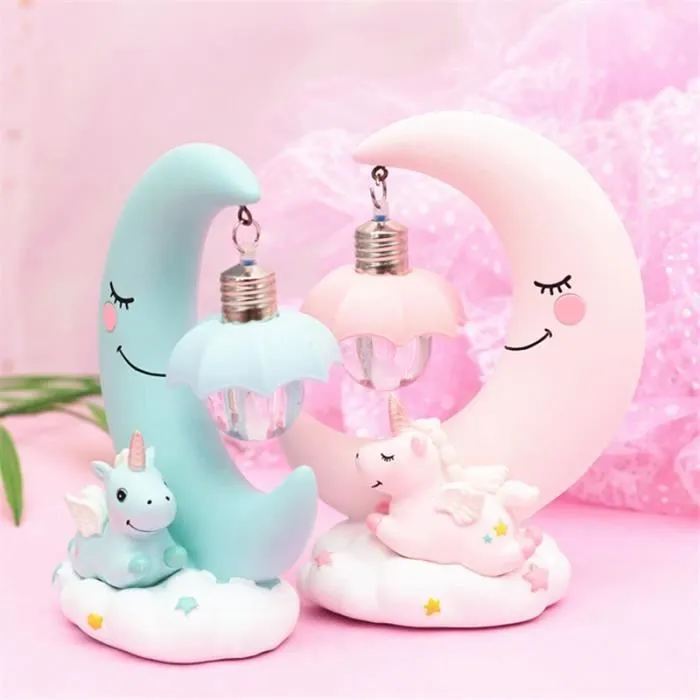 Veilleuse Licorne Lune en Résine - TANBABY - Dessin Animé Bébé Lampe de Chevet Enfant Fille - Cadeau De Noël-1