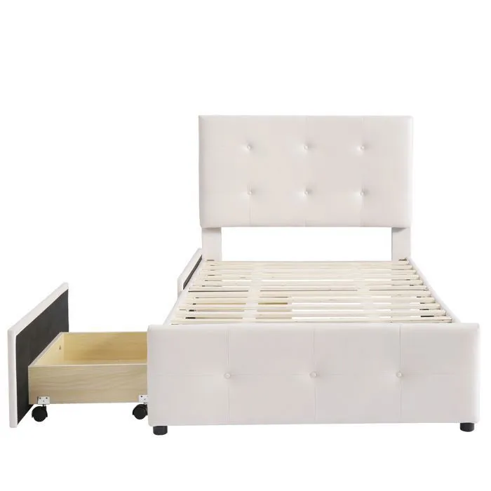 Lit 90x200cm, lit d'enfant et d'adolescent, avec 2 tiroirs, sommier à lattes, tête de lit, pas matelas, tissu velours beige-5