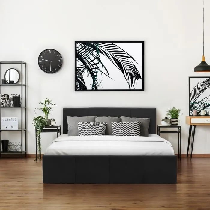MARTIN Lit adulte 160 x 200 cm + coffre de rangement - Simili noir - Sommier inclus-2