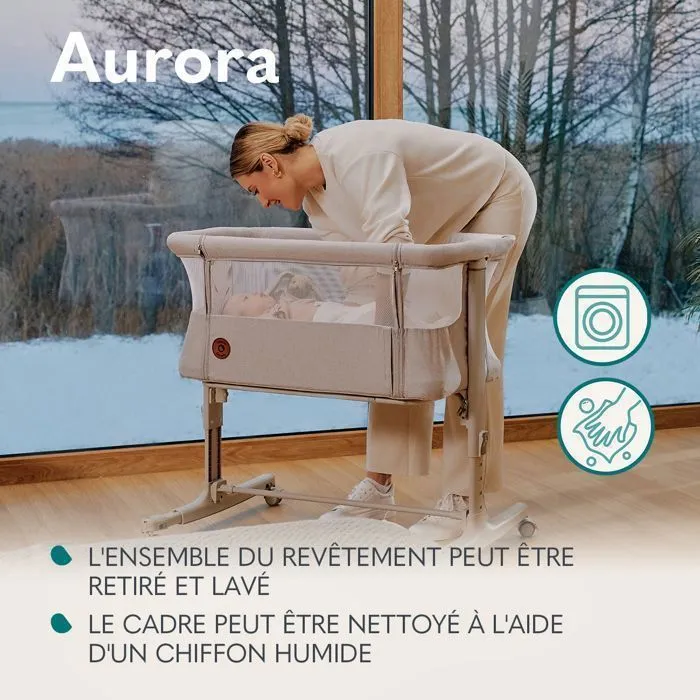 Lit bébé 3en1 LIONELO Aurora - Réglable en hauteur et inclinaison - Matelas et sac inclus - Beige cappucino-1