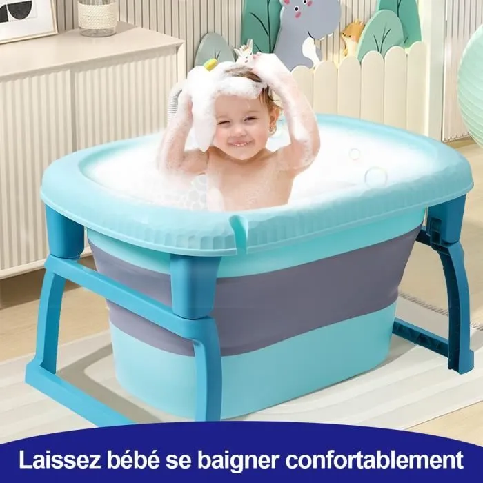 Grande baignoire pliable ultra compact kikido, baignoire enfant en plastique avec bouchon de vidange, pieds pliable-bleu-1