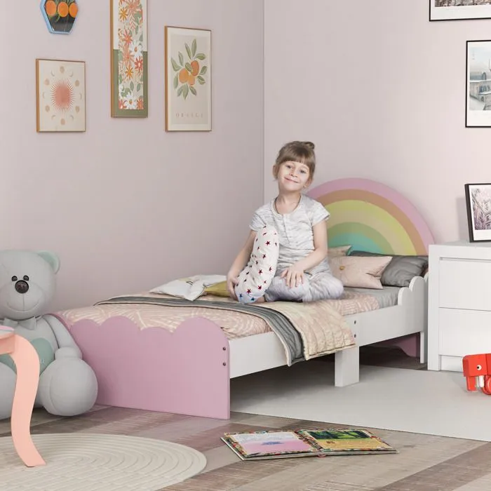 Lit enfant design girly motifs arc en ciel, nuages - sommier à lattes inclus - MDF contreplaqué rose blanc-1