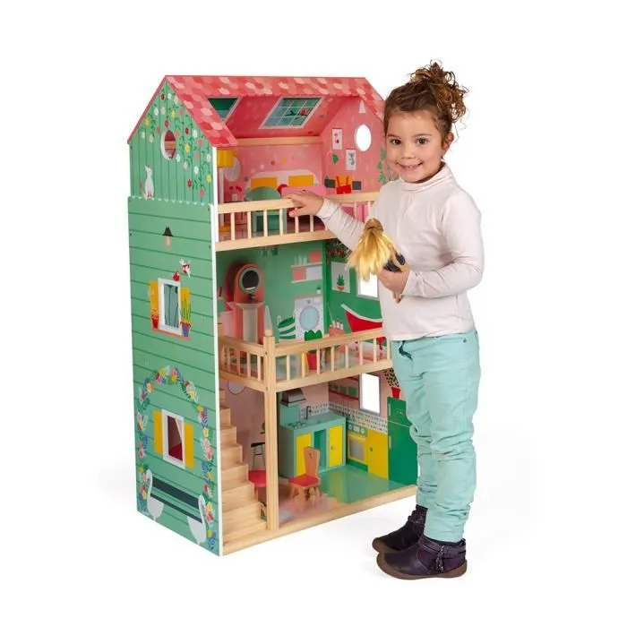 Maison de poupées en bois Happy Day JANOD - Pour enfants dès 3 ans - 3 étages - 12 pièces de mobilier-3