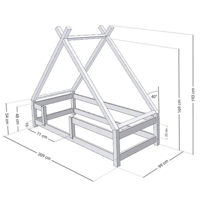 Lit Tipi enfant avec barrière bois massif naturel vernis 90 x 200 cm-2