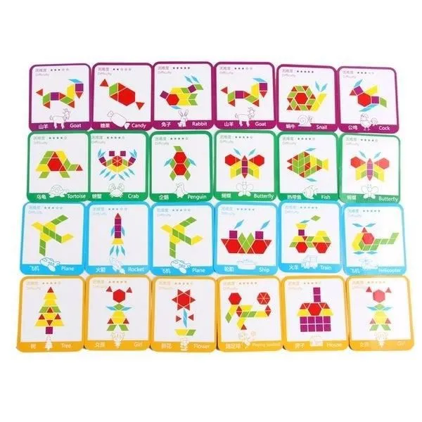 Jeu en bois formes géométriques - Montessori - Reproduction d'images - 155 pièces - 24 cartes - Bois-2