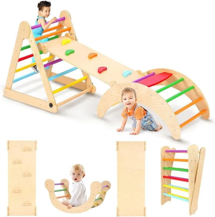 7 en 1 Triangle Arche Montessori, Arche d'escalade avec Toboggan Bois, Rampe, Échelle Réglable, pour Tout-Petits Bébé 1 Ans+-0