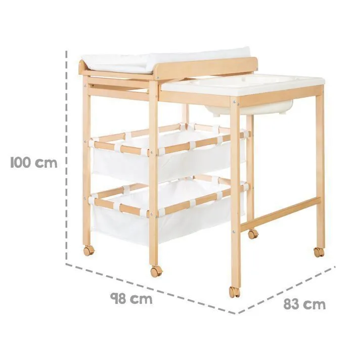 ROBA Table à Langer avec Baignoire Coulissante Baby Pool + Matelas à Langer Imperméable et Étagères en Tissu Blanc - Bois Naturel-3