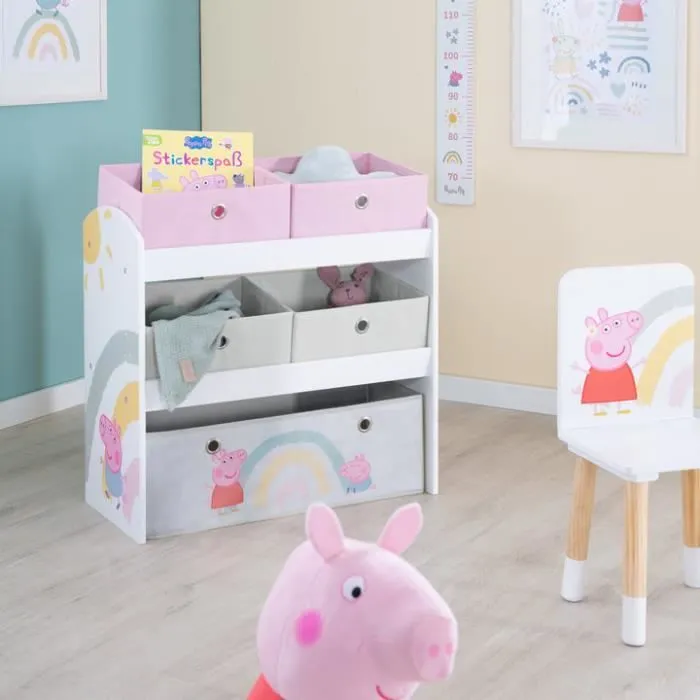 ROBA Peppa Pig Étagère de Rangement pour Jouets - 5 Boîtes en Tissu - Motif de la Truie et Cochon - Bois Laqué Rose - Blanc-1