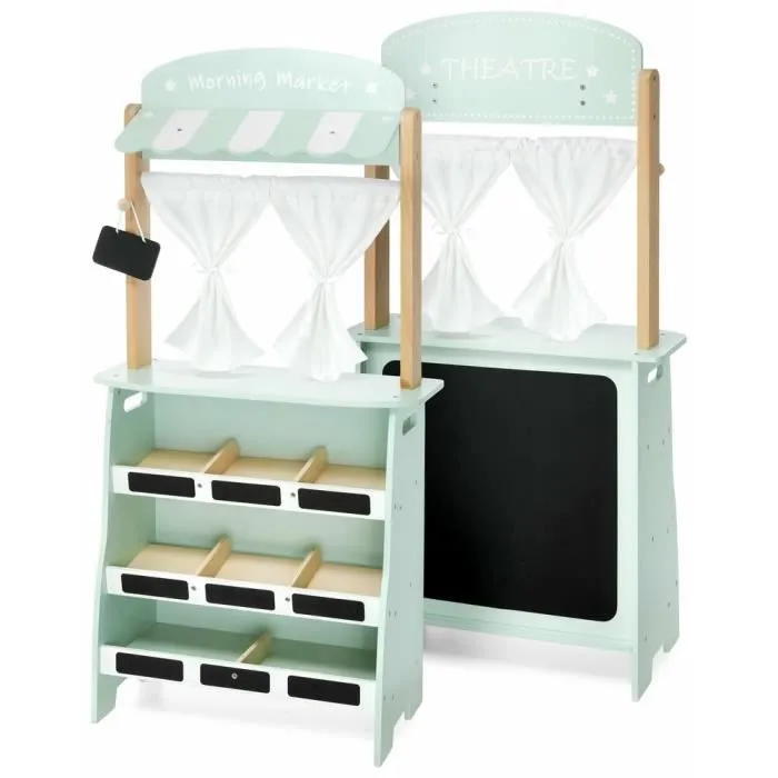 Mamabrum Marchande Enfant & Théâtre en Bois 97*48*24 cm - 2EN1 Grand Stand Vendeur - Caisse, Balance Fruits & Légumes Vert Pastel-3