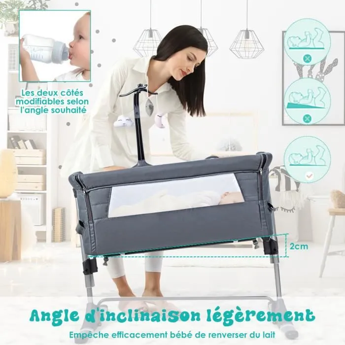 COSTWAY 2 en 1 Berceau Bébé à 9KG Lit Cododo Inclinaison et Hauteur Réglables avec Matelas,Arceau de Jeu,Boîte à Musique Gris-2