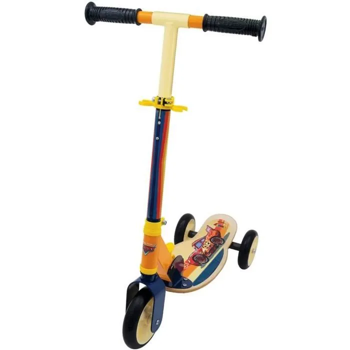 Smoby - Cars - Patinette pliable - 3 roues silencieuses - Plateau bois - Jaune et Multicolore - Trottinette avec guidon réglable-0
