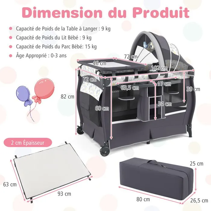Lit Parapluie Bébé Pliant COSTWAY 4 en 1-avec Matelas,Boîte à Musique,Toit Réglable-Table à Langer Rabattable-Gris Bougainvillier-4