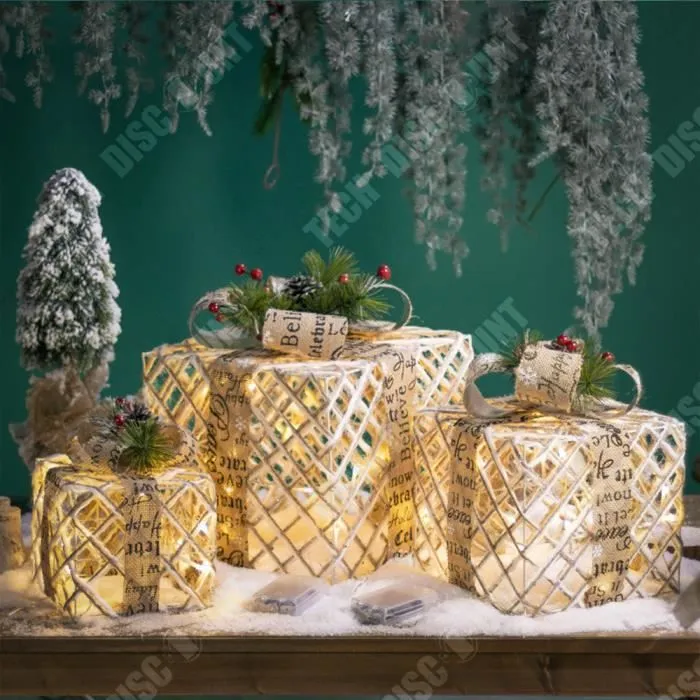 TD® Coffret cadeau de noël lumineux, coffret cadeau en fer forgé, ornements à tête de pile, décorations de noël-2