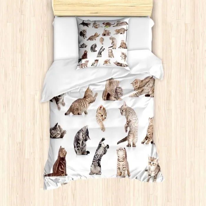 Abakuhaus Chat Parure de couette, Drôle Ludique Cats image, Marron Noir Blanc, 135 cm x 200 cm-2