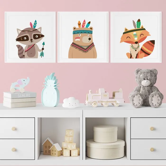Lot de 3 Affiches / Posters Triptyque Enfants - Animaux Indiens 3617689721149 - Lot de 3 affiches 40x40 cm-0