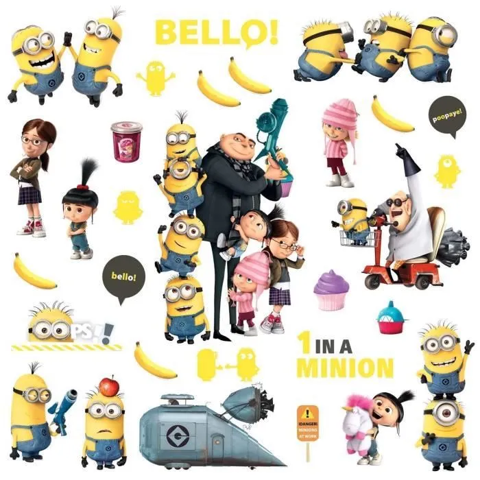 Stickers - Minions - Lot de 31 - Repositionnables - Décoration enfant - Couleur Gris et Jaune-0