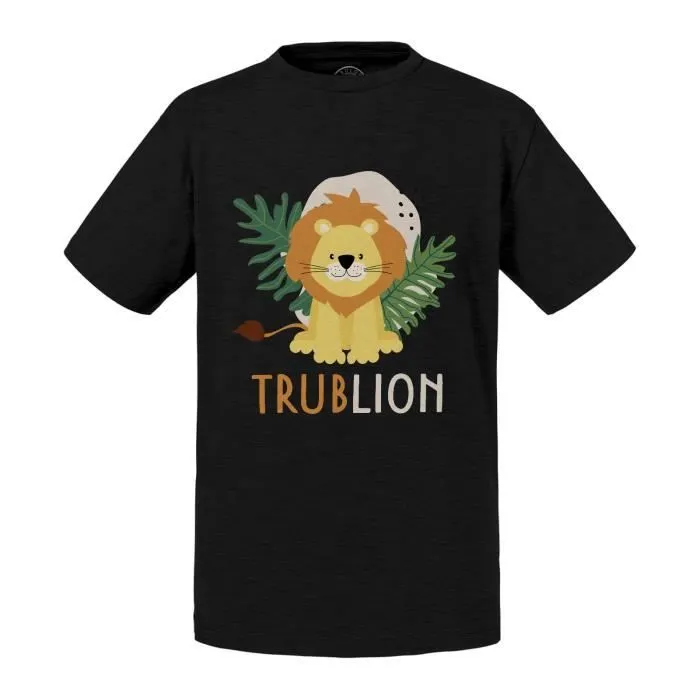 T-shirt Enfant Noir Lion Trublion Dessin Illustration Roi de la Savane-0