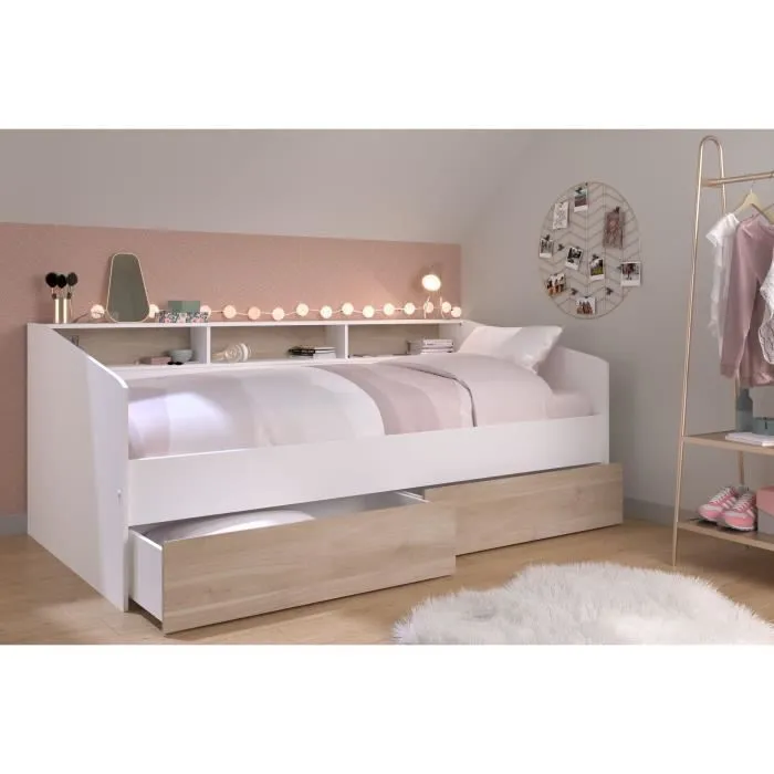Lit banquette 2 tiroirs 90 x 200/190 cm - MDF - Mat décor chêne et blanc - JOY - 2339ENSE-1