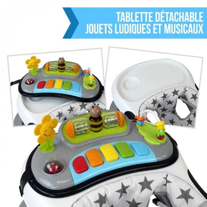 Trotteur bébé évolutif musical pliable réglable en hauteur - Noir - Monsieur Bébé-1