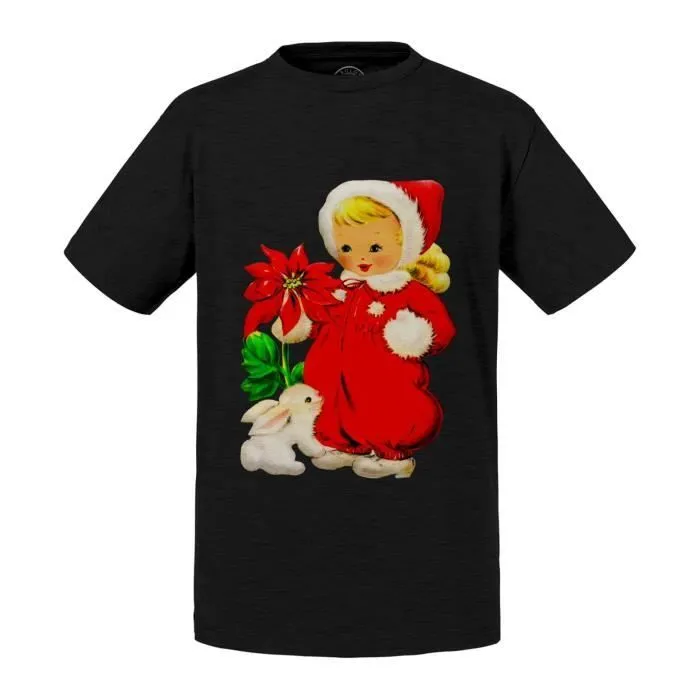 T-shirt Enfant Noir Enfant de Noel Lapin Mignon Vintage Retro 50's-0