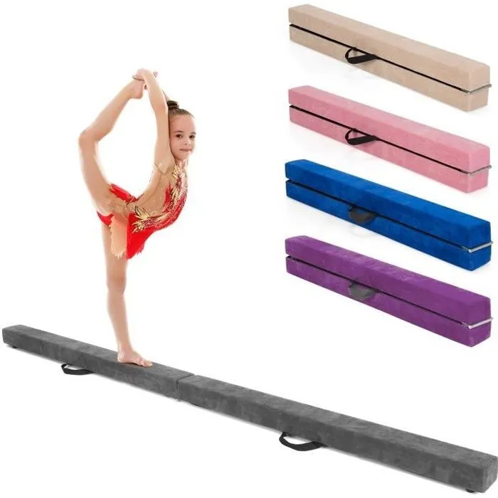 COSTWAY Poutre de Gymnastique Pliable 210cm pour Enfants avec Poignées de Transport 4 Patins Antidérapants Couverture en Daim Gris-0