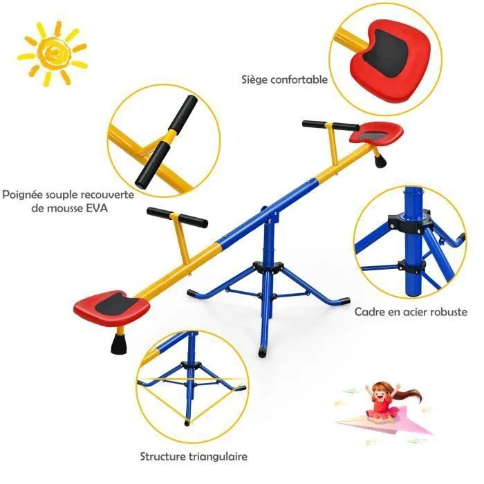 COSTWAY Balançoire à Bascule Tapecul pour Enfant Pivotante à 360° avec Pieds d'Arrêt Jouet d'Extérieur pour Jardin 3 - 8 ans-2