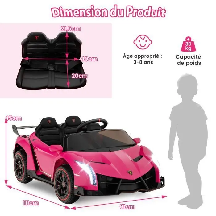 Lamborghini Voiture Électrique 12V/7 Ah pour Enfants, Télécommande 2.4 G, Portes Hydrauliques, LED, klaxon, MP3, USB, 3-8 Ans, Rose-3