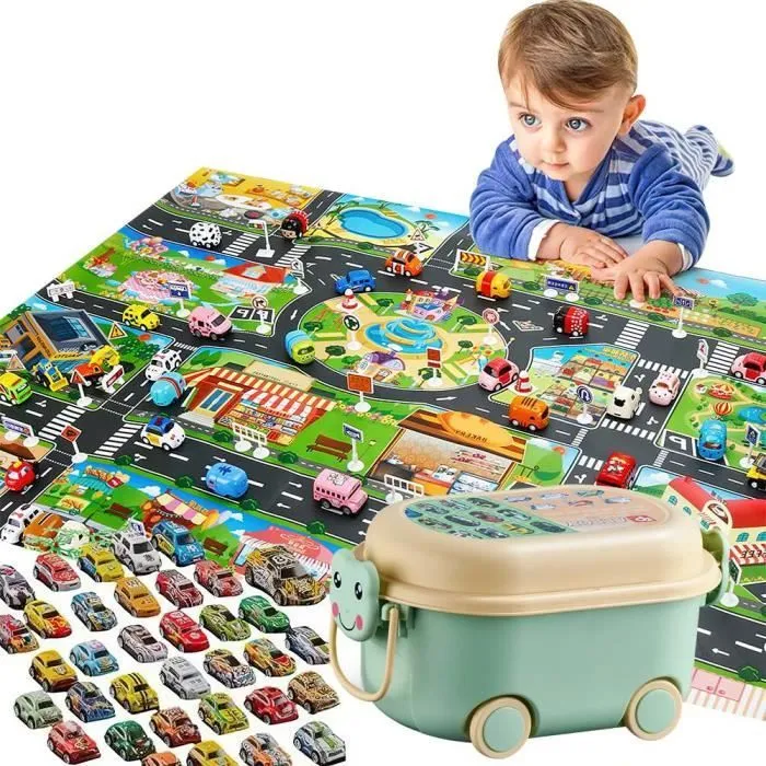 Tapis de Jeux Enfant - PRUMYA - Circuit Voiture - Antidérapant - 40 Mini Voitures - Vert-0