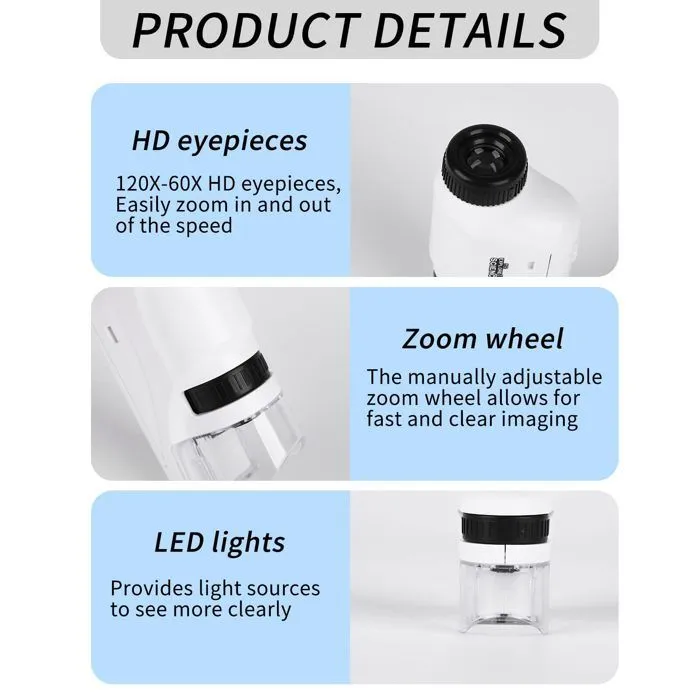 Microscope Portable Enfants, Mini Microscope de Poche avec Lumière LED, Microscope HD Cadeau Enfants, étude à Domicile Préscolaire-2