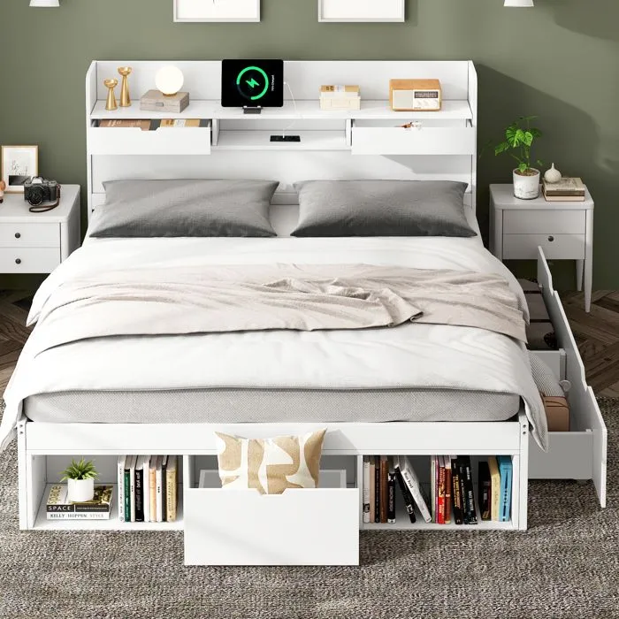 Lit multifonctionnel - Blanc - 140x190 cm - Port USB - Tiroirs - Armoire de rangement-1