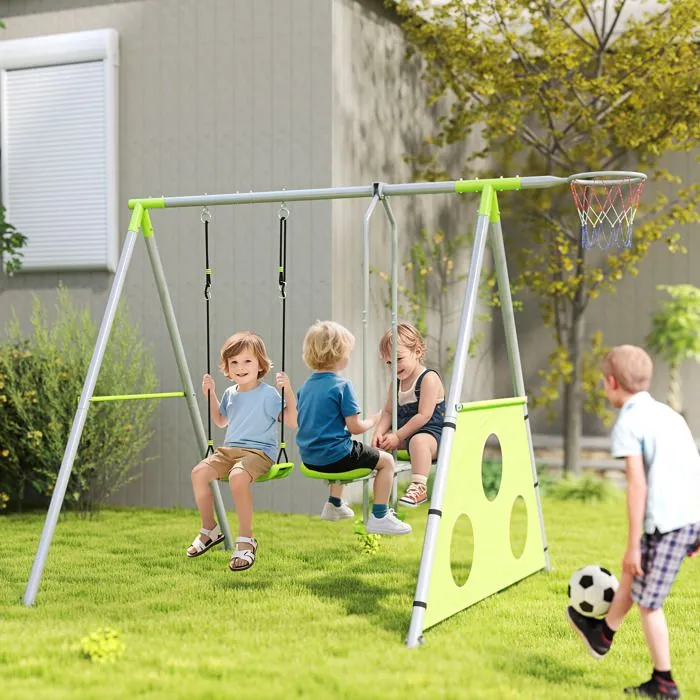 Portique balancoire enfant 4 en 1 - AIYAPLAY - sièges et face à face, panier de basket-ball et but de football, charge 135 kg - vert-1