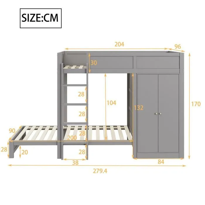 Lit superposé 90x200cm - Gris - Armoire intégrée - 2 places - Bois de pin - Escalier sécurisé-4