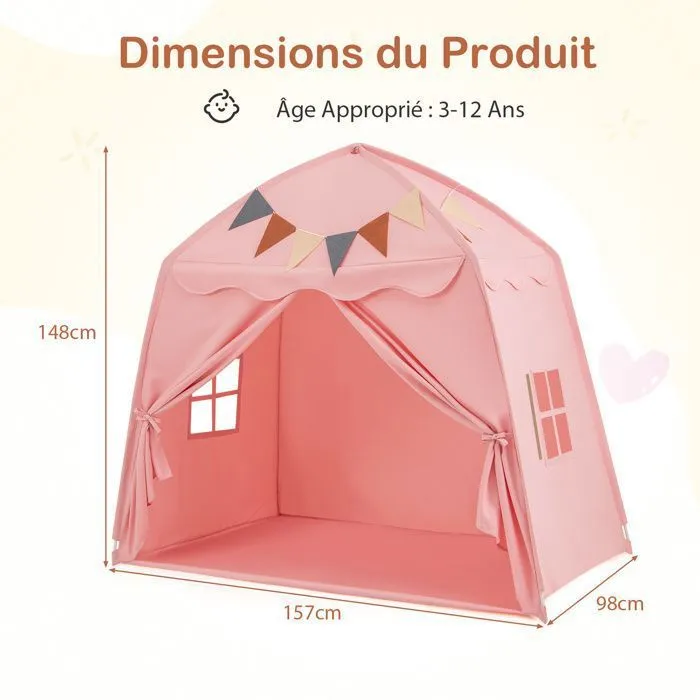 Tente de Jeu pour Enfants COSTWAY-Drapeaux et Guirlandes Lumineuses-Fenêtre Respirante-Lavable en Machine-157 x 98 x 148 cm-Rosé-5