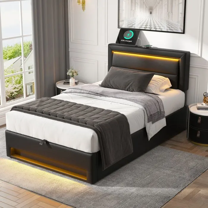 Lit coffre - Noir - 90x200 cm - Similicuir - LED - Ports de recharge USB-2