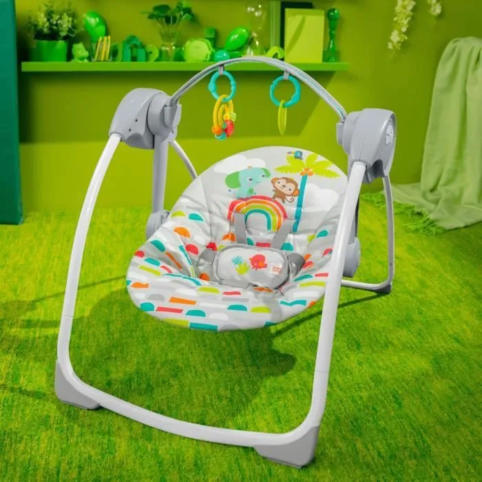 BRIGHT STARTS Balancelle bébé électrique compacte – Animaux, 6 vitesses balancement, 10 chansons, 2 position d'inclinaison-1