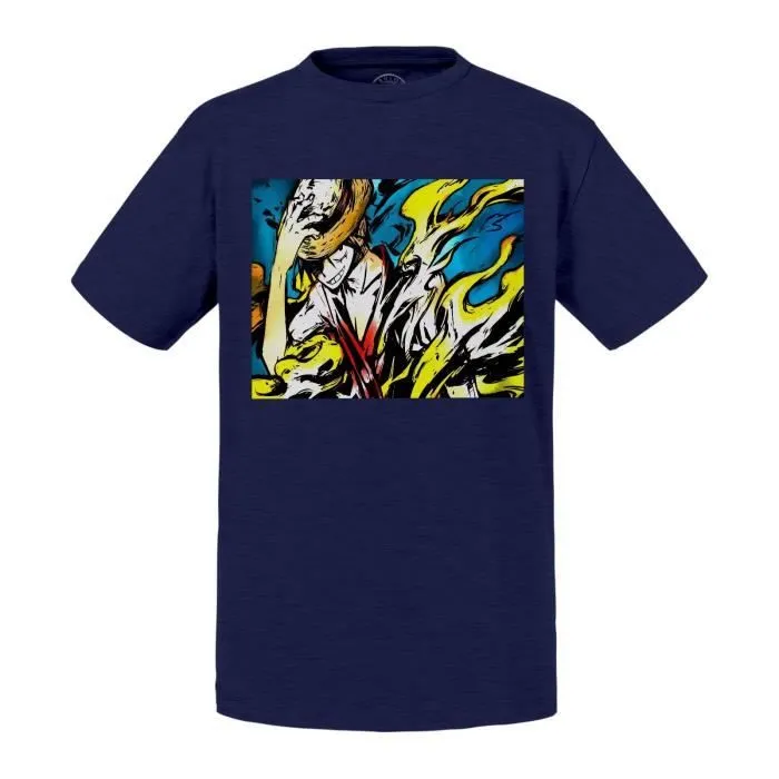 T-shirt Enfant Bleu One Piece Monkey D Luffy En Feu Manga Anime Japon-0