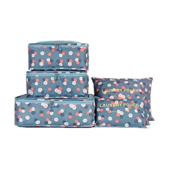 Organisateur de voyage - Non spécifié - Lot de 6 - Polyester - Imprimé fleurs - Bleu-1